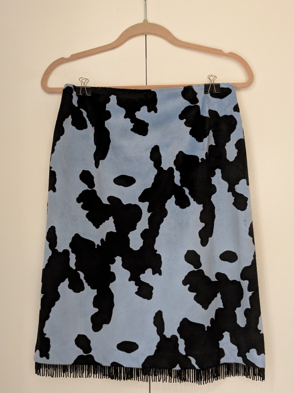 Blue and Black Cow Print Patterned Bead Fringe Hem Skirt